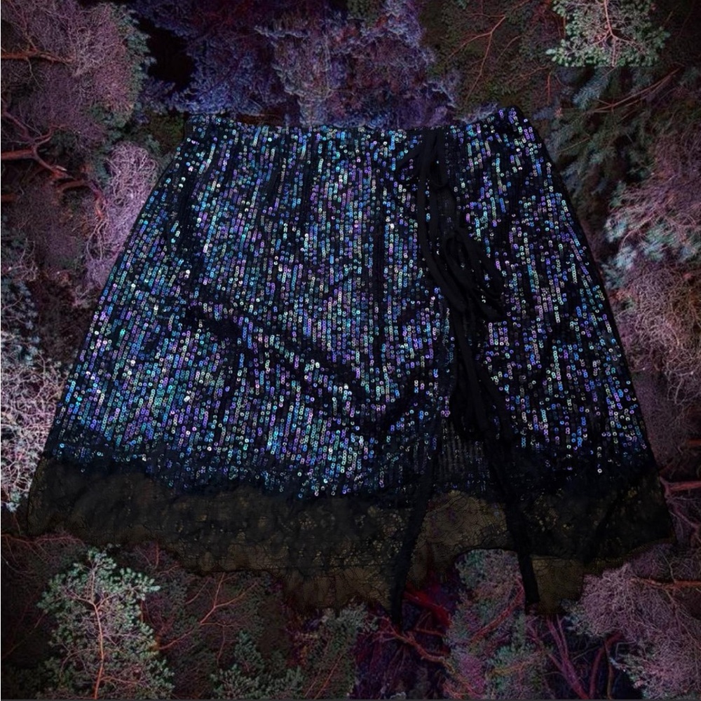 Free people sequin mini slip skirt side ties and lace trim